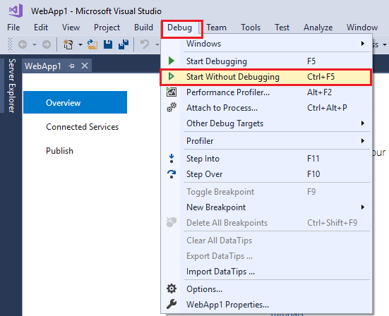 Screenshot of Visual Studio 2017 with Debug > Start without Debugging highlighted 